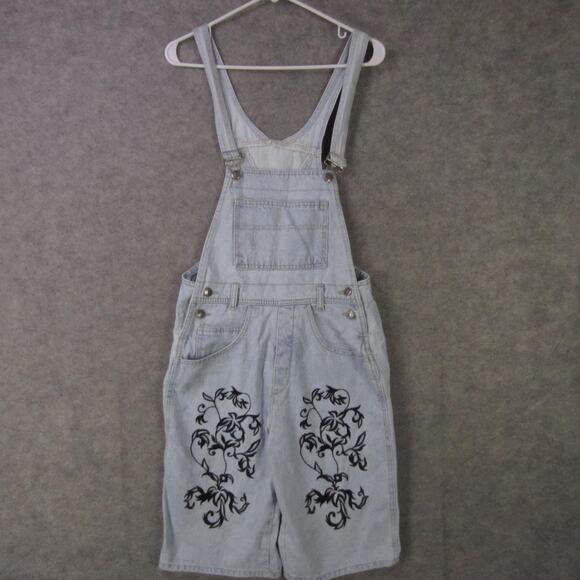 VINTAGE D'Mode Classix Bib Overalls Womens Medium Denim Floral Shortalls 90s - Picture 1 of 14